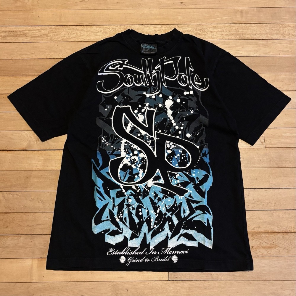VTG Southpole T-Shirt Graffiti AOP Size M Black Skater Grunge y2k Streetwear